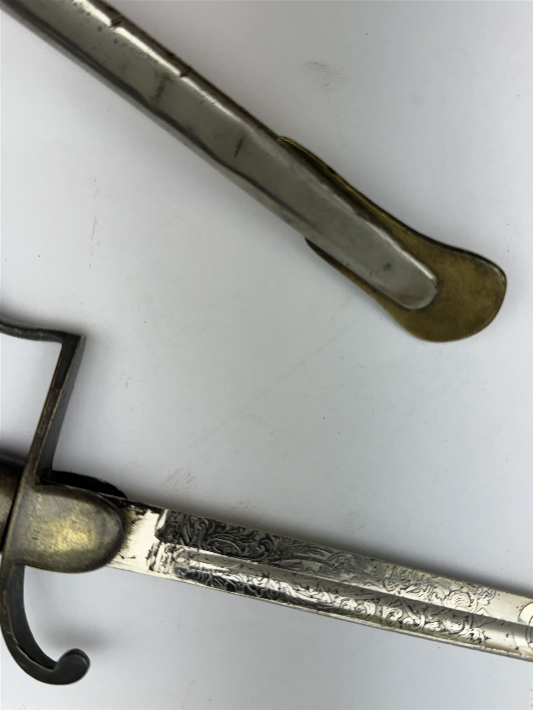 Ottoman/Turkish WW1 Period Infantry Officer's Short Sword,  the single edge fullered steel blade etched with a martial trophy, star and crescent, L73cm, the rib etched Vahram Tagirian, with steel scabbard, L87cm