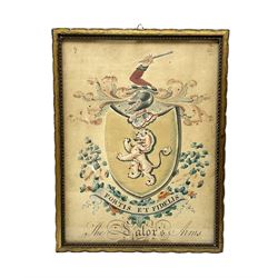 19th century heraldic watercolour depicting 'The Salor's Arms', lion rampant within a shield beneath a knight's helmet, embellished with floral and scrolling decoration, inscribed with family motto 'Fortis et Fidelis' (Strong and Faithful) 