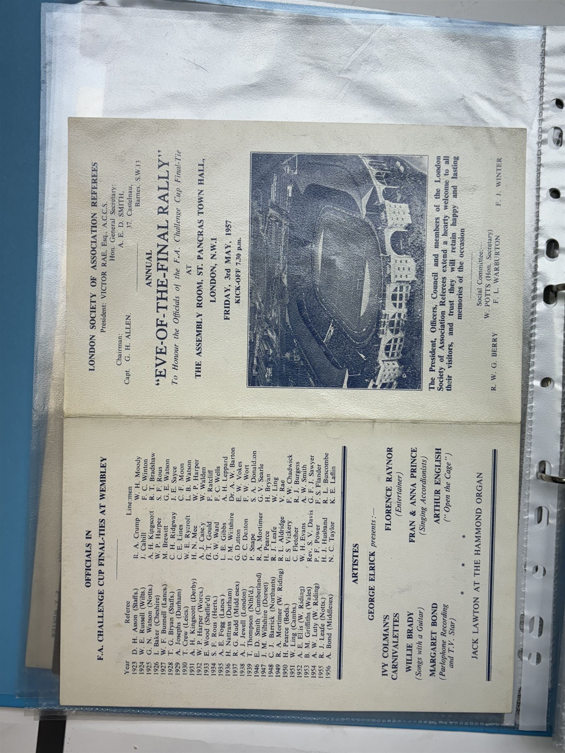 Collection of football memorabilia belonging and relating to the Hull based referee Frank Coultas, including 9ct gold Referee's medal for the 1957 Aston Villa v Manchester United FA Cup Final, inscribed 'The Football Association, F.B Coultas, F.A. Challenge Cup Competition, Final Tie 1957', hallmarked and in original case; the kit worn by him to referee the 1957 FA Cup Final and ephemera relating to the match including photographs, programmes and tickets; together with other football memorabilia collected by Frank Coultas, including programmes, photograph and ticket stubs, with some items relating to the 'Busby Babes'