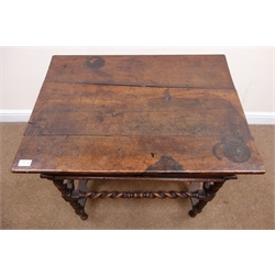  18th century oak side table, single drawer, barley twist stretchers and supports joined by shaped stretcher, W80cm, H77cm, D59cm  