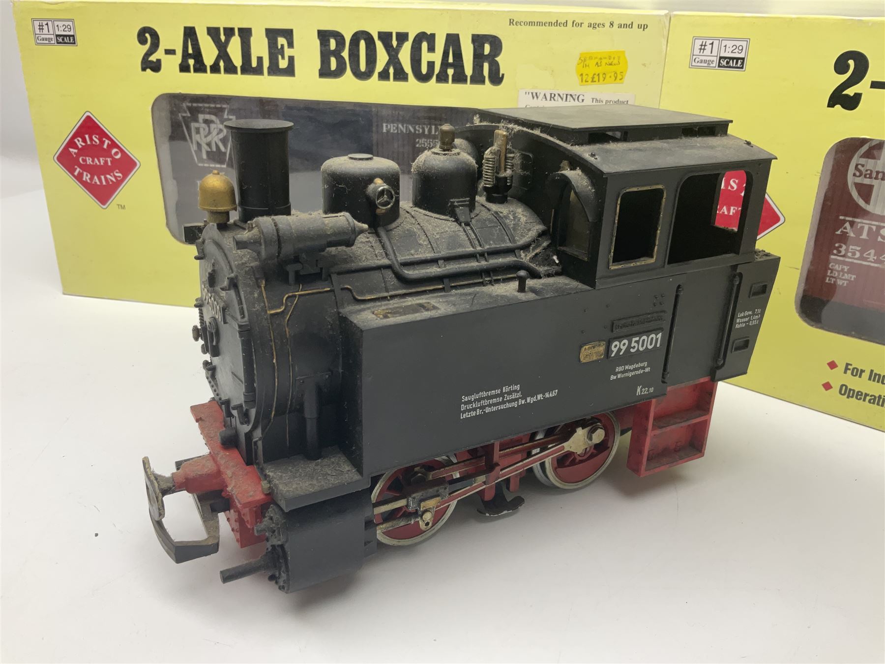 LGB (Lehmann Gross Bahn) G scale, gauge 1 - 0-4-0 tank locomotive No.995001; unboxed; and two American Aristo Craft Trains 2-axle boxcars Santa Fe and Pennsylvania; both boxed (3)
