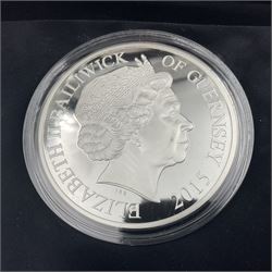 Queen Elizabeth II Bailiwick of Guernsey 2015 'The Battle of Waterloo' silver proof five ounce coin, weighing 155.53 grams 925/1000 silver, cased with certificate