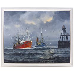 Jack Rigg (British 1927-2023): Kirkcaldy and Whitby Trawlers Returning to Harbour, oil on canvas board signed, dated 1973 verso 60cm x 76cm