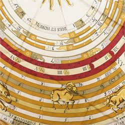Hermes 'Astrologie' or 'Dies et Hore' silk scarf, in red and gold colourway, designed by Francoise Faconnet, 86cm x 86cm