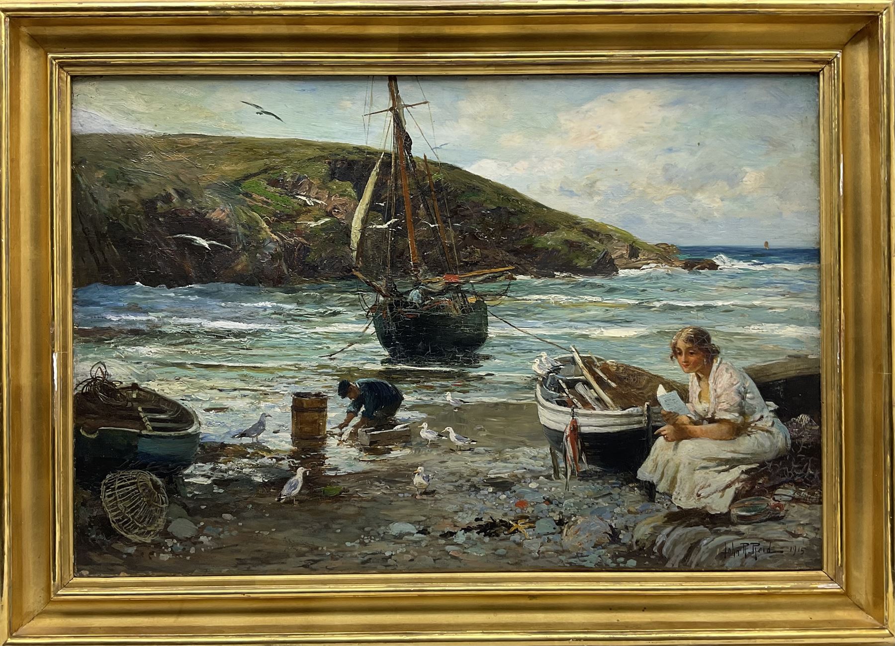 John Robertson Reid (Scottish 1851-1926): Girl on the Seashore Reading a Letter, oil on canvas signed and dated 1915, 60cm x 91cm