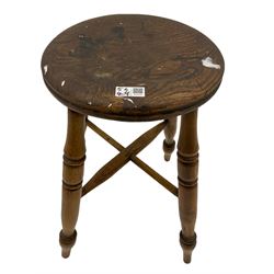 19th century elm and beech stool (H53cm), 19th century beech stool, and a folding oak stool/step