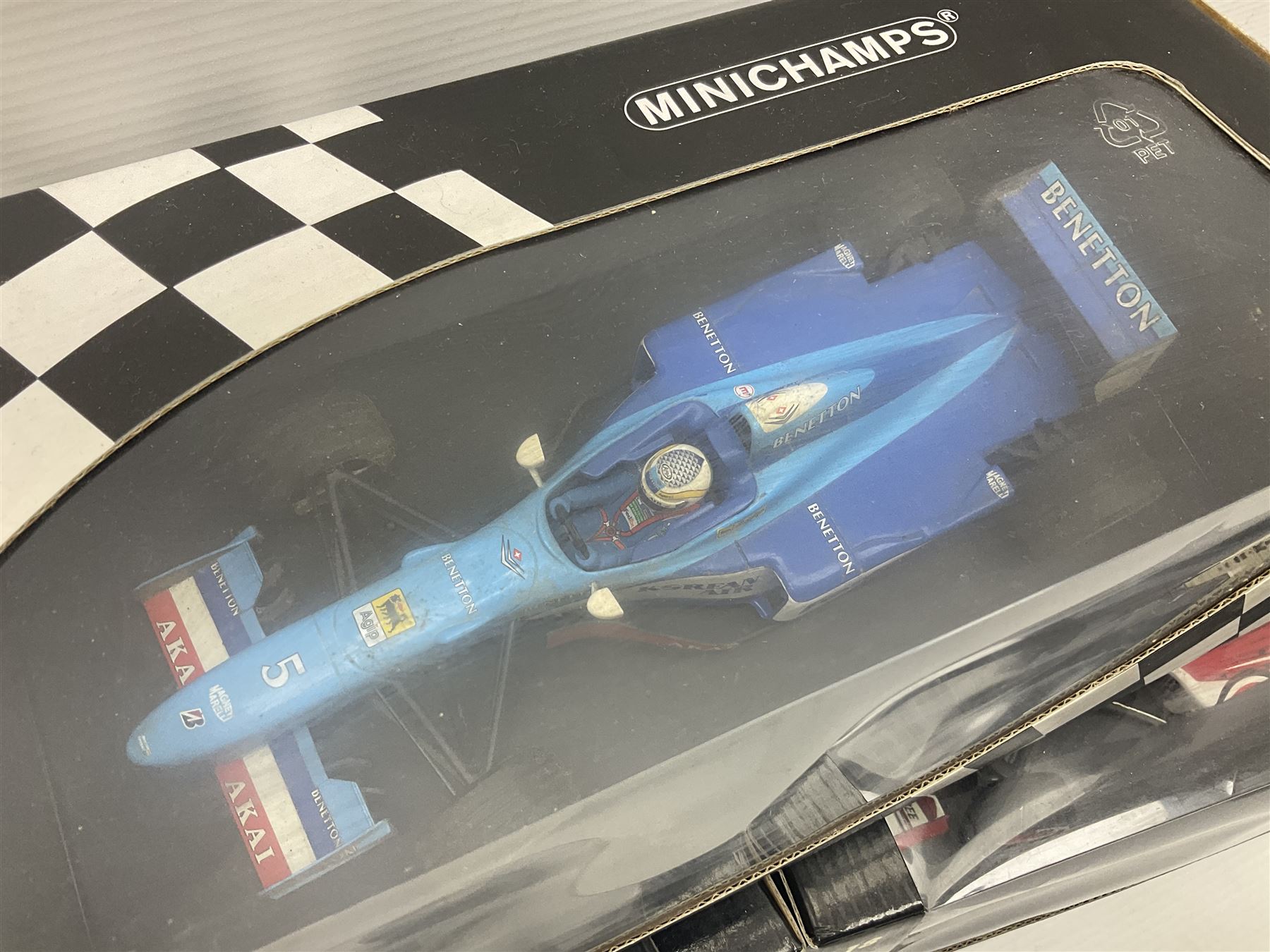 Three Minichamps 1:18 scale die-cast racing cars - Bar 01 Supertec R. Zonta 1999; Benetton b197 Renault G. Berger; and Benetton F1 G. Fisichella; all boxed (3)