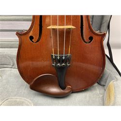Early 20th century French Mirecourt violin with 35.5cm two-piece maple back and ribs and spruce top; bears label 'The Garrodus Violin H & Co No.1587 Anno 1912' L59cm overall; in modern fitted case with bow