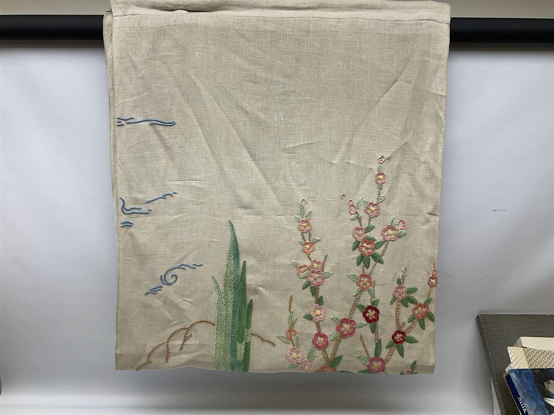 Large quantity of table linen and Victorian and later lace, framed machine tapestry depicting Greece, embroidered wall hanging decorated with a woodland scene with deer and blossoming tree, embroidered linen decorated with floral design, crochet, etc