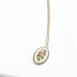 Two micro mosaic fringe necklaces, together with five pendent necklaces, all decorated with mosaic floral designs
