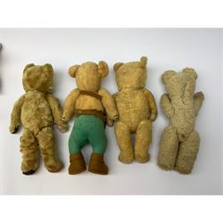 Nine English teddy bears 1950s-60s including wood wool filled Pedigree bear with swivel jointed head, glass eyes, vertically stitched nose and mouth and jointed limbs H14.5