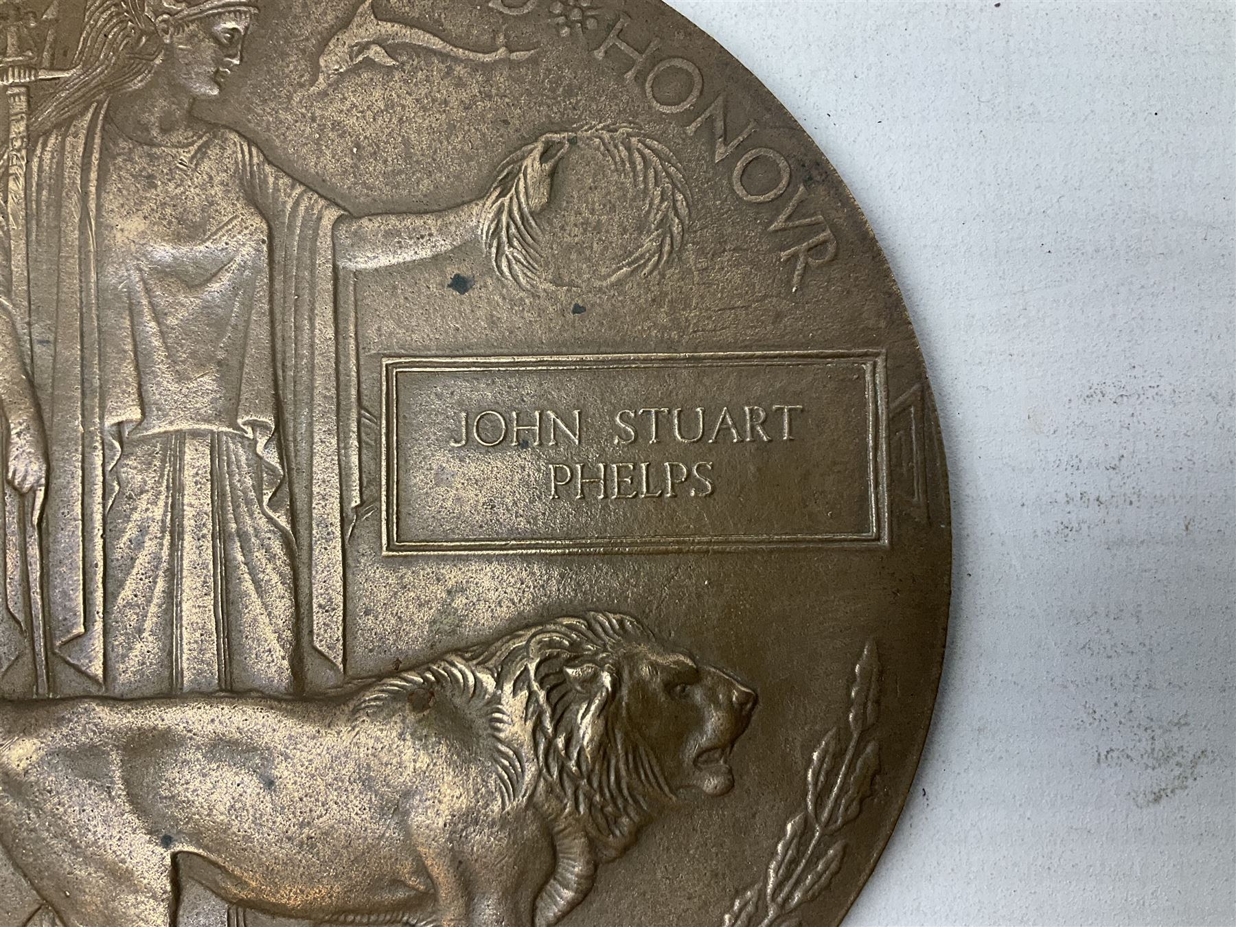 WWI bronze death plaque - John Stuart Phelps