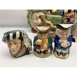 Collection of Royal Doulton and Beswick character jugs of various sizes, including North American Indian D6611, The Falconer D6533,  Tony Weller 281, Sairey Gamp 371 etc