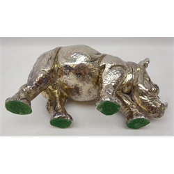  Filled silver model of a Rhinoceros by Camelot Silverware, 2007, L21cm   