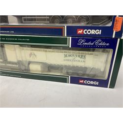Three Corgi 1:50 scale lorries - ERF Tanker - Gulf Oil in perspex display case No.75101; limited edition Scania T Bulk Tipper - Maguires of Cheltenham No.CC12803; and Scania Topline Curtainside - Stephen Sanderson Limited No.CC12912; all boxed (3)