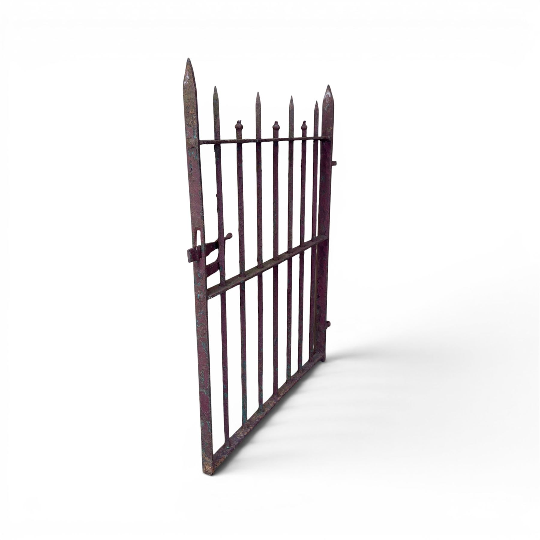 19th century wrought iron hand gate, with hinge loops and latch, square diamond fit rails, pointed finials
