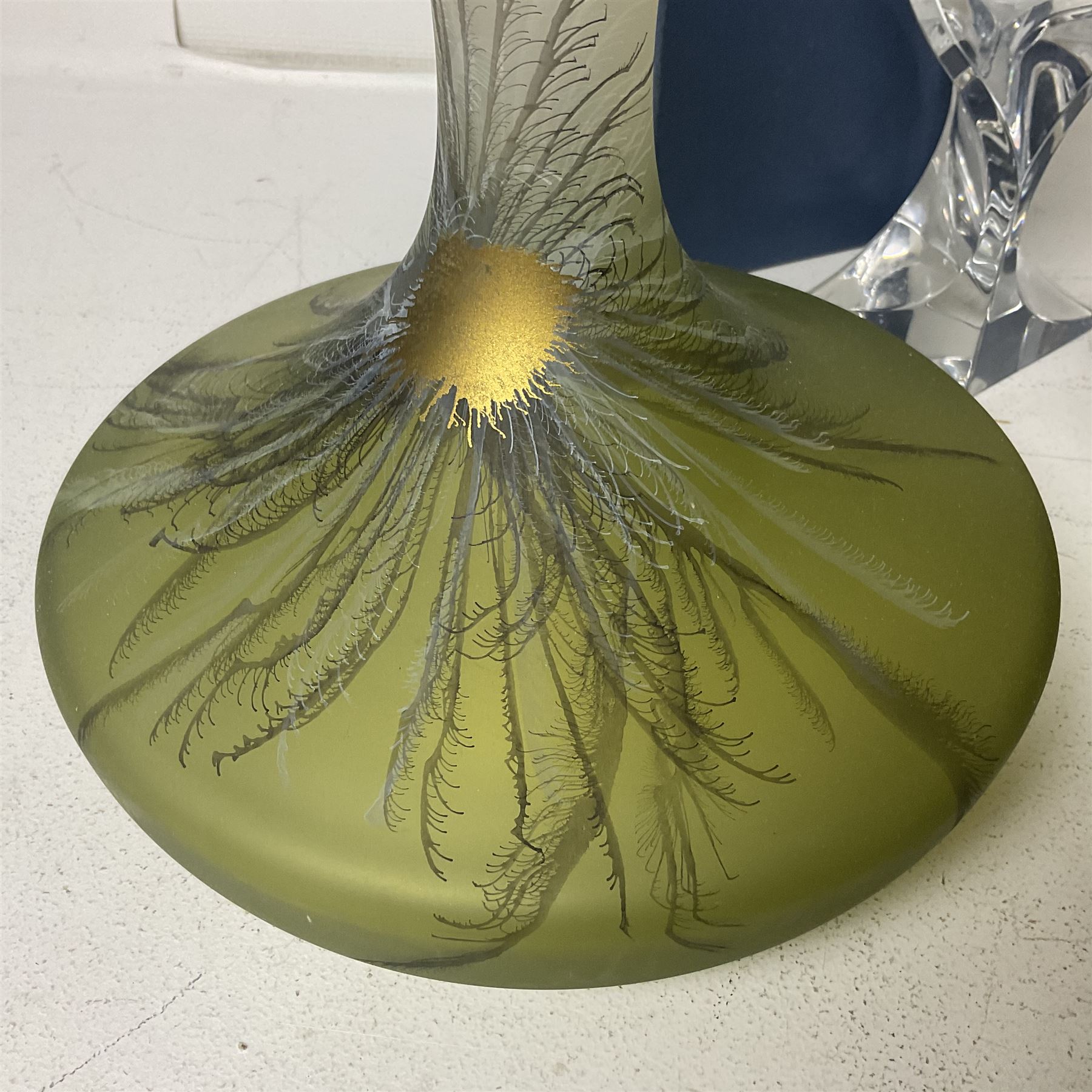 Late 20th century art glass, to include a Robert Held vase, of baluster form with iridescent swirl design, two frosted glass vases with peacock feather design on green and white ground, frosted glass tulip shaped bowl with smoke design and a Rogaska Crystal cobra candlestick, tallest vase 27cm