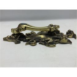 Gothic style cast brass door knocker, modelled with the Greek three-headed hell hound Cerberus on Rococo style base with central knocker of tear drop above Hades, God of the underworld, L29cm