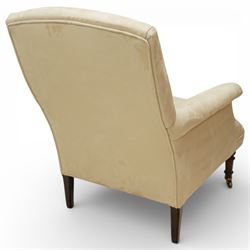 Sofas & Stuff - pair of ‘Thistle’ armchairs upholstered in neutral fabric, each with gently sloping back, padded scroll arms with close-set stud detailing, loose seat cushions, raised on turned wooden legs with brass castors