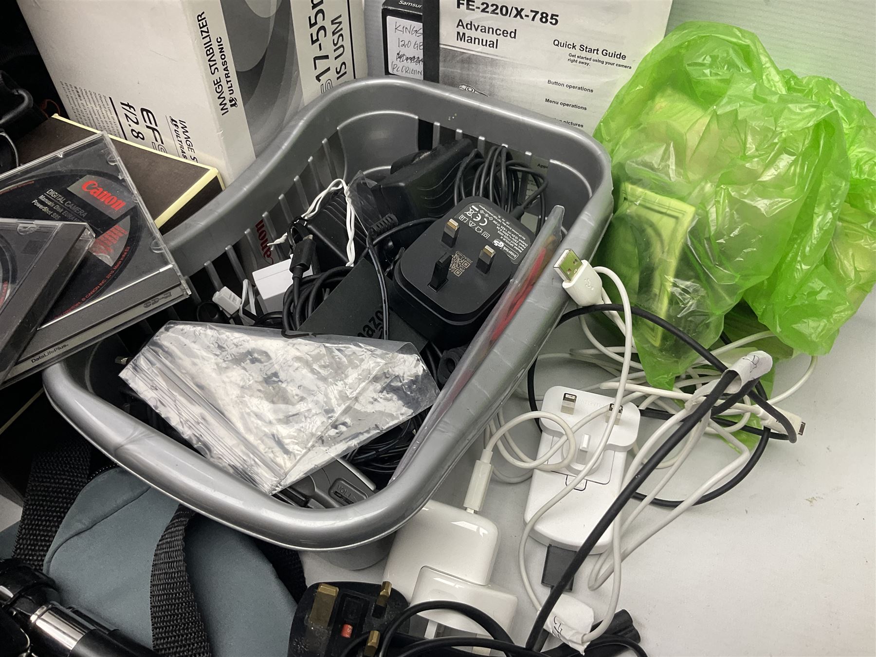 Quantity of camera accessories and equipment, to include boxed Canon EFS 17-55mm IS lens, Canon 59s camera, Olympus camera, etc