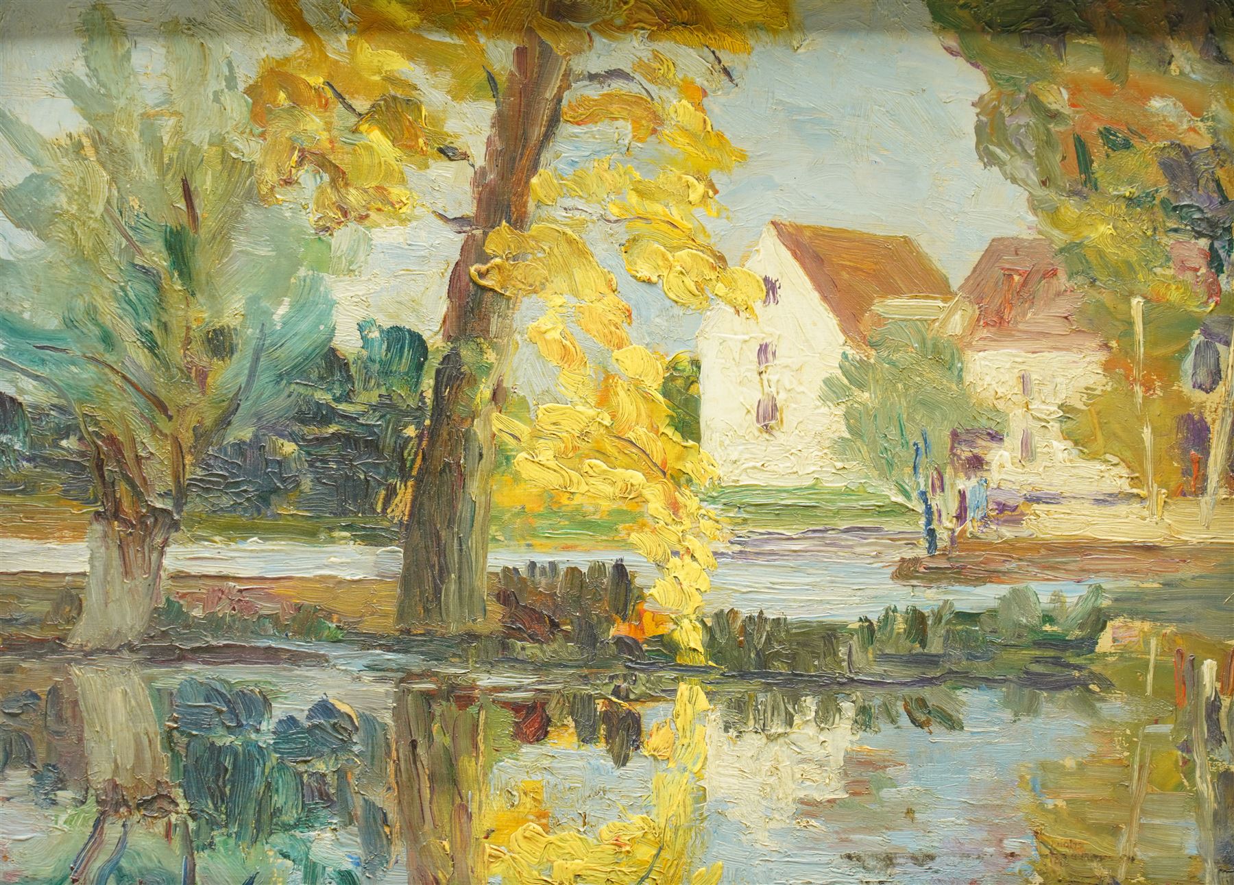 French School (Early-mid-20th century): Lakeside Manor with Figures, oil on panel unsigned 23cm x 32cm
