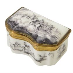 19th century Samson porcelain trinket box, with black hand painted decoration upon a white...