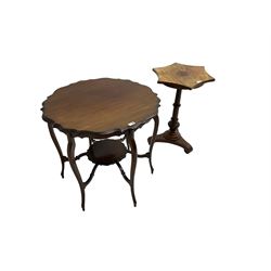 Chippendale design mahogany tea table, round top with shaped scalloped edge, raised on six cabriole supports united by under tier (W75cm H70cm); and early 20th century walnut occasional table, hexagonal top with concave edges raised on pedestal with tripod base (W51cm H72cm) (2)