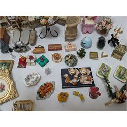 Dolls house conservatory and garden accessories, including sofa and chairs, trees, plants, paintings, Christmas decorations, etc 