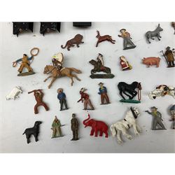 Unboxed and playworn die-cast models of TV/Film interest by Corgi including Green Hornets Black Beauty, two Batmobiles, James Bond Aston Martin DB5, Saints Volvo P1800 etc; two Matchbox 1-75 Series Collector's Cases including various playworn models; and quantity of playworn lead and plastic figures by Britains etc