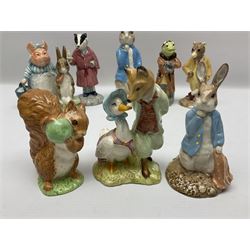 Sixteen Royal Albert Beatrix Potter figures, including Poorly Peter Rabbit, Jemima Puddle Duck and Squirrel Nutkin etc, all boxed together with a Beswick Beatrix Potter Jeremy Fisher miniature jug and four Beswick Wind in the Willows figures 