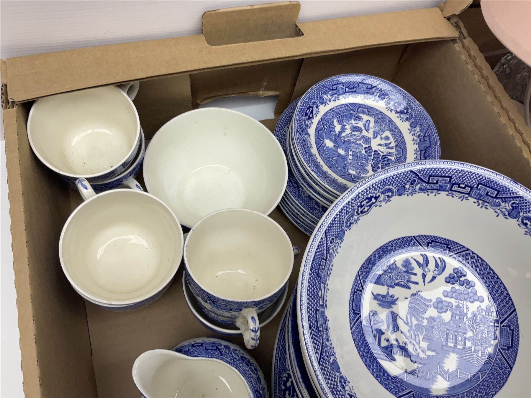 Shelley Maytime pattern sauce boat and saucer, Hornsea vases, blue and white Willow pattern dinner wares and a collection of other ceramics and glassware, in four boxes 