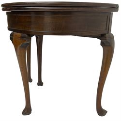 19th century walnut demi-lune side table, hinged two leaf top revealing storage well and flat surface, single gate-leg action base, on cabriole supports with pointed feet