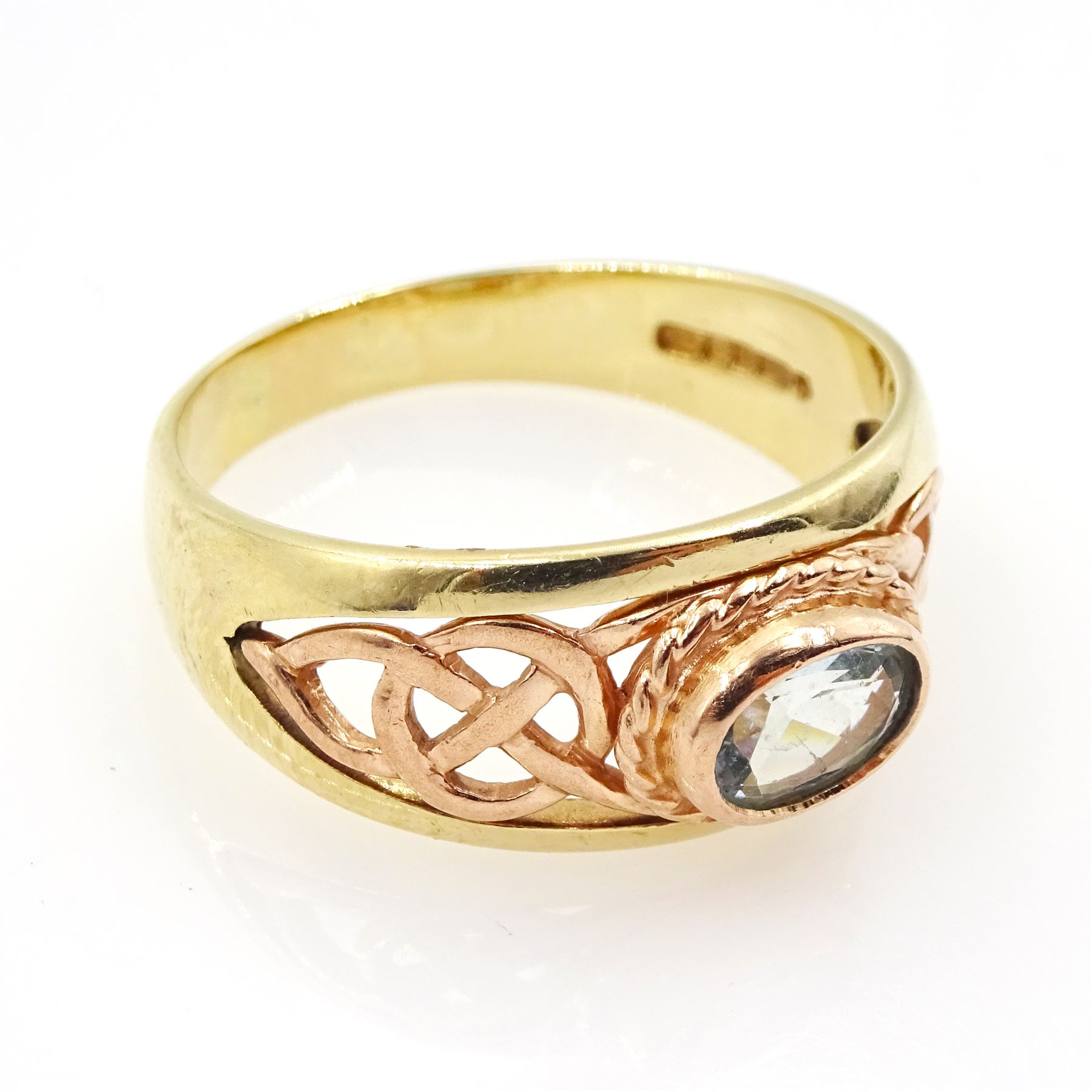 Clogau 9ct yellow and rose gold Celtic design single stone oval aquamarine ring, hallmarked, in original box 
