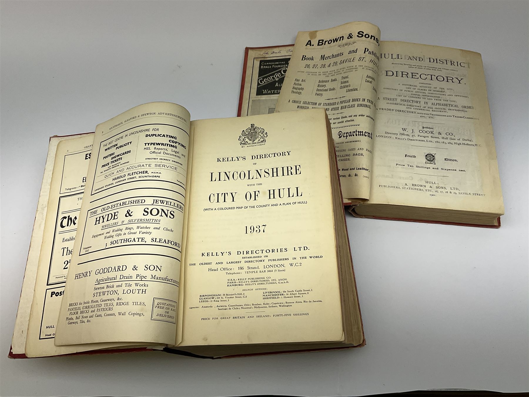 Cook's Hull and District Directory. 1901. Forth edition. re-backed using original boards and spine; Kelly's Directory of Lincolnshire and Hull. 1937. Re-backed using original boards and spine; and Ted Dodsworth's Hull and East Riding Early Days on the Road.1987. (3)