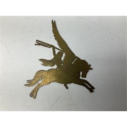 Presentation bronzed figure of a paratrooper by Peter Hicks mounted on a mahogany plinth with plaque inscribed ' Presented to Lieutenant General Sir Michael Gray KCB OBE President Army Parachute Association 1981-1987 An Outstanding Term of Leadership Friendship and Humour. Thank You All Ranks A.P.A.' H28cm; a brass Pegasus plaque H12cm; and small quantity of colour photographs and prints of military related paintings