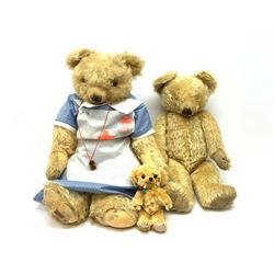 Merrythought - two 1930s teddy bears, one Magnet series, each plush covered with jointed swivel head, glass eyes, vertically stitched nose and mouth and jointed limbs, one with stitched Merrythought Hygienic label to foot, largest H27.5