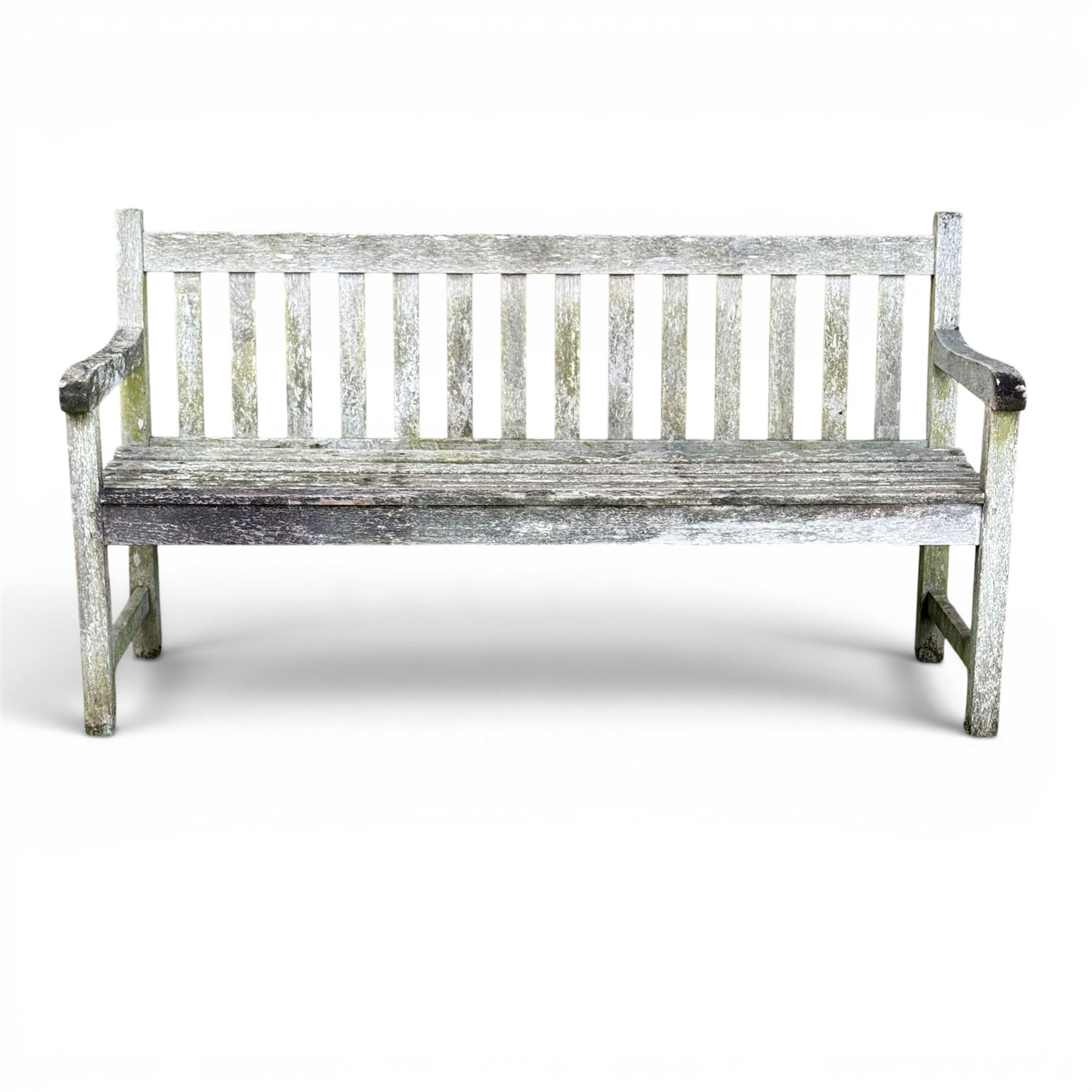 Weathered teak garden bench, slatted seat and back, square form arms and legs