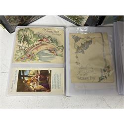 Collection of Victorian and later postcards and greeting cards, including wedding, birthday and Christmas cards, all housed within albums