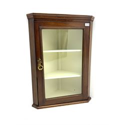 Small 19th century glazed corner cabinet, single door enclosing two shelves 