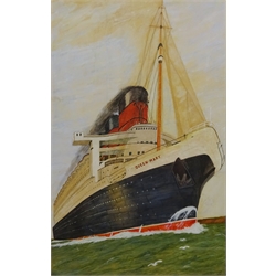 RMS Queen Mary, watercolour signed and dated 1936 by R Barton 54cm x 34cm  