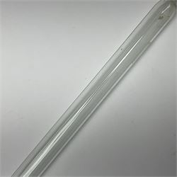 19th century malacca walking cane, the screw threaded domed cover opening to reveal vacant recess, above a further screw threaded opening revealing a removable glass vial with stopper, glass vial L41cm, cane L89.5cm