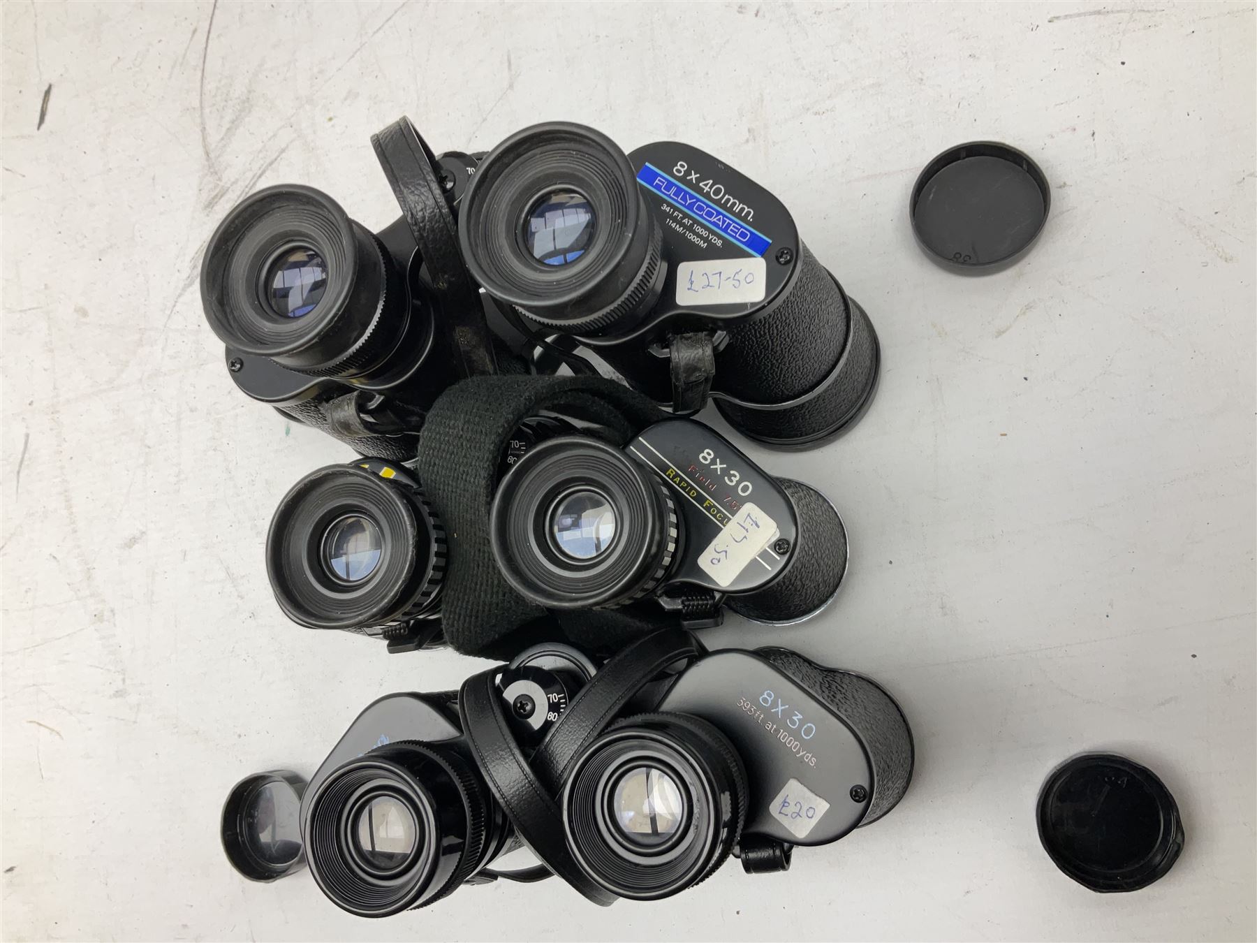 Eleven cased pairs of binoculars, to include Omiya 8x30, Tasco, Esde-Optik 8x40 Weitwinkel, Chinon 10x50 Field. Aico Rapide 8x30, Astralite zoom 6x- 14x32, etc