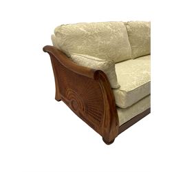 Multi-York - Hardwood framed bergère lounge suite, three seat sofa (W204cm), and pair matching armchairs (W90cm), upholstered in cream floral pattern fabric 