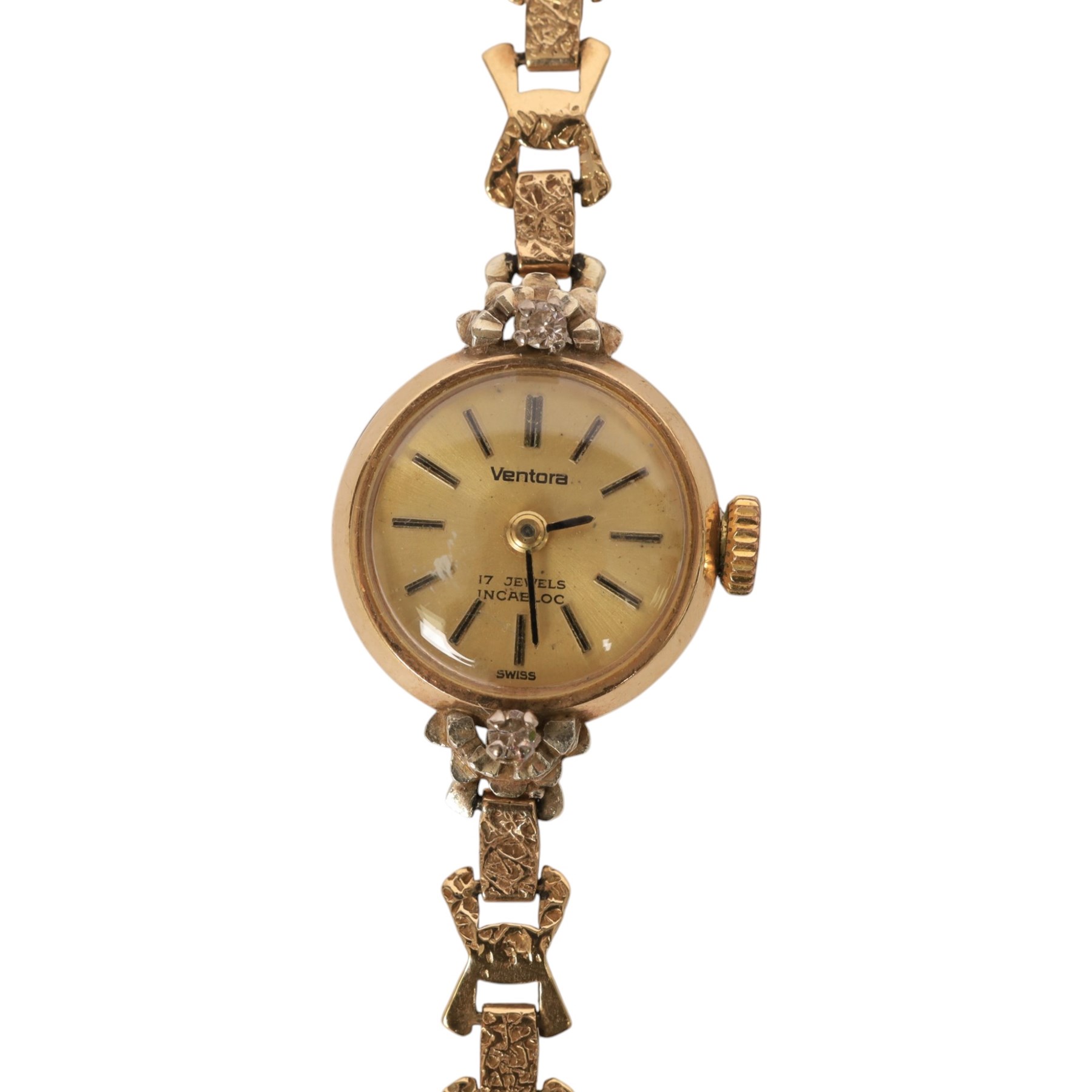 Ventore ladies 9ct gold manual wind wristwatch, on 9ct gold bracelet, hallmarked