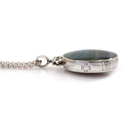 Silver moss agate and banded green agate pendant by David Scott Walker, Sheffield 1999, on silver belcher link chain necklace, stamped 925