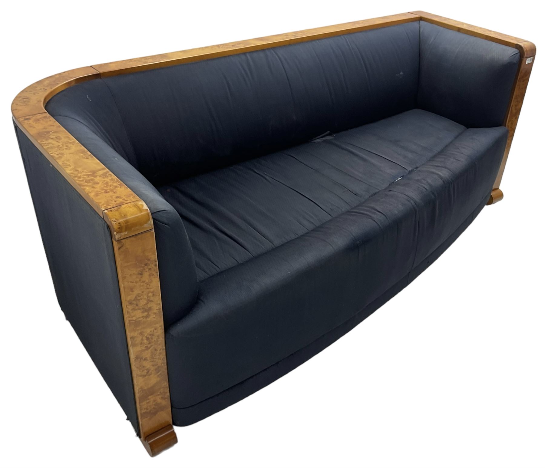 Thormer Polstermobel - Art Deco design three seat sofa, of curved tapering form, upholstered in midnight blue fabric, framed in figured burr elm