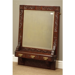  Late Victorian Aesthetic Movement carved mahogany wall mirror fitted with three drawers, bevelled glass, 98cm x 68cm  