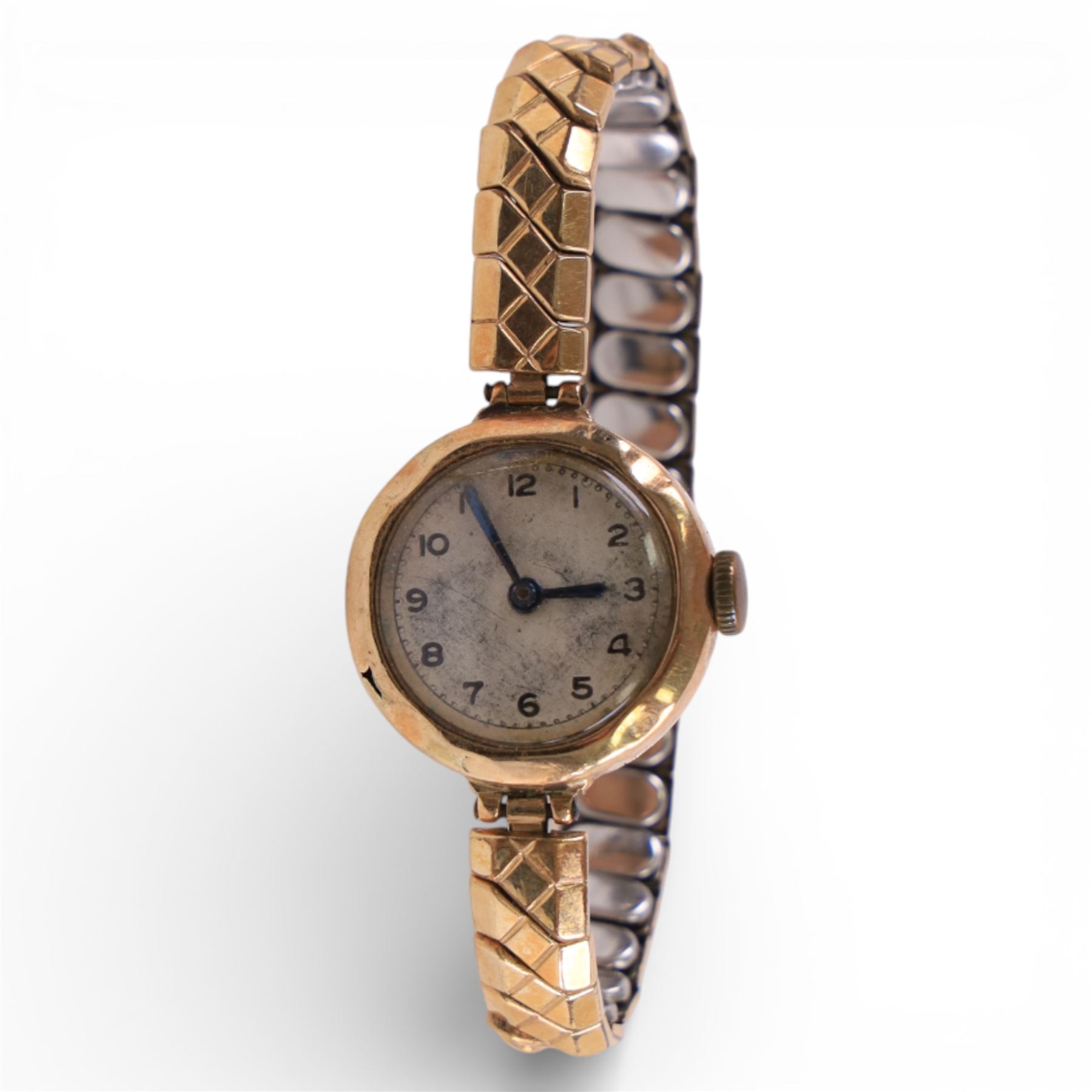 9ct gold wristwatches and parts, comprising ladies watch with 9ct gold case and integral strap, ladies 9ct gold wristwatch on 9ct gold expanding strap, 9ct gold cased miniature compass, and a ladies wristwatch with 9ct gold back case on a gilt strap