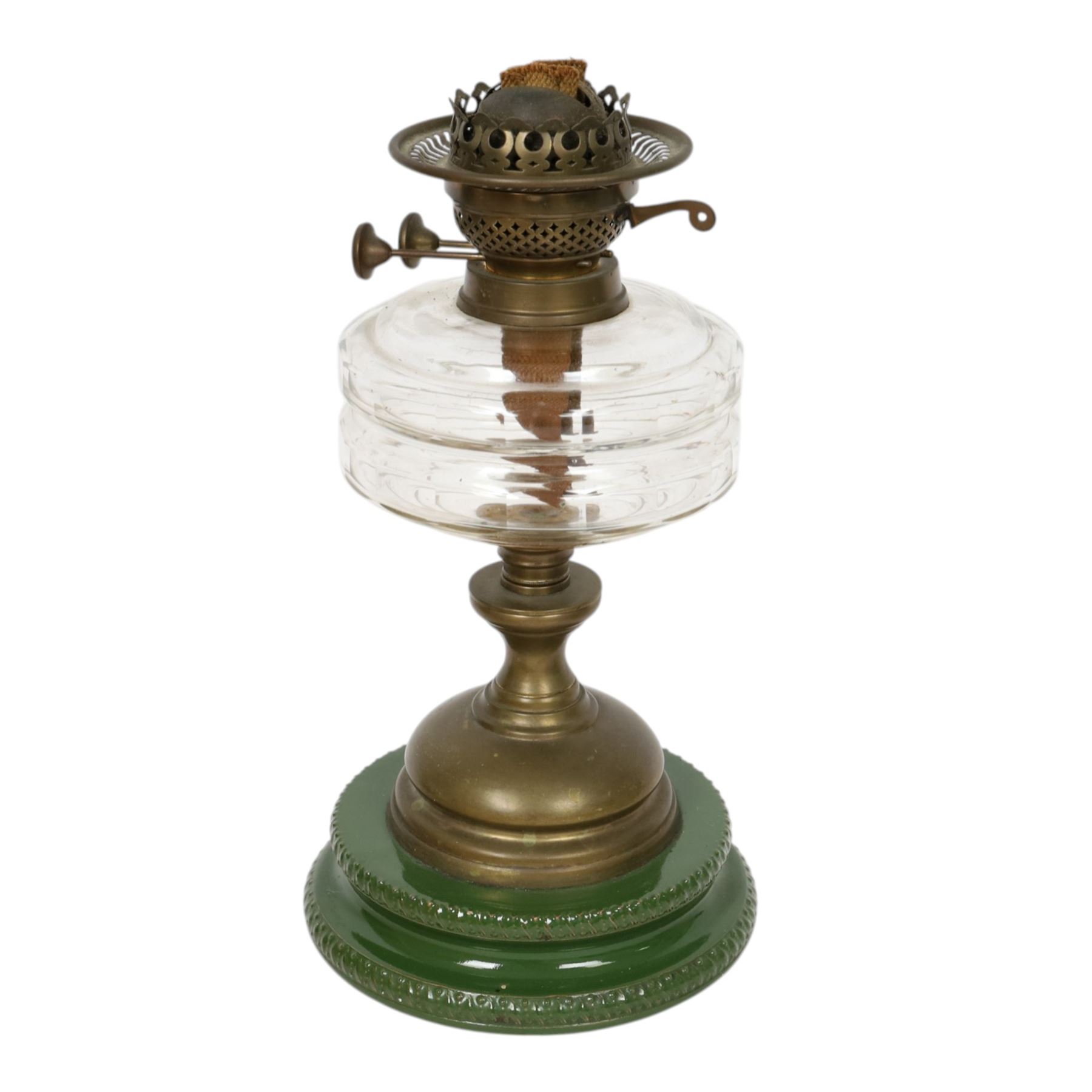 Silvered ceiling light with etched drop shade together with oil lamp with clear glass reservoir, ceiling lamp H38cm