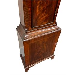 Denton & Fox of Hull – Early 19th century mahogany 8-day longcase clock c1802, pagoda pediment with an oval inlay and three ball and spire finials, break arch painted dial and hood door flanked by reeded pilasters with brass Corinthian capitals, long trunk door with conforming break arch top on a rectangular plinth raised on bracket feet, early Wilson (Birmingham) dial with Roman numerals, five minute Arabic’s and minute dots, subsidiary seconds dial and calendar aperture, with matching steel hands, floral spandrels within raised gesso work and a conforming oval depiction of a young maiden and dog to the break arch, dial pinned via a falseplate to a rack striking movement with a recoil anchor escapement striking the hours on a cast bell. With pendulum and weights.
Joseph Denton was a respected and prolific Hull clock maker working in Scale Lane Hull 1779 and Silver Street 1782-1814. Entering a short-lived partnership with Charles Fox from Beverley in 1802.
